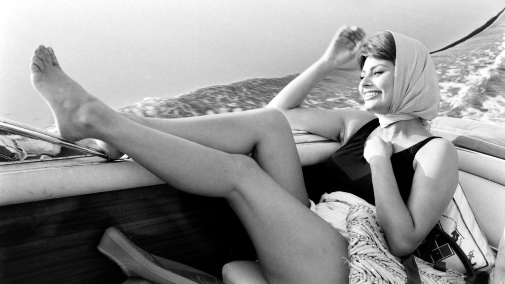 Italian actress Sophia Loren on a boat