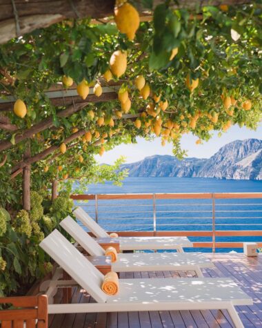 Two beach loungers under a canopy of lemon trees