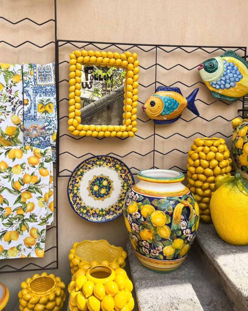 A collection of hand painted ceramics, with the famous Positano lemon pattern.