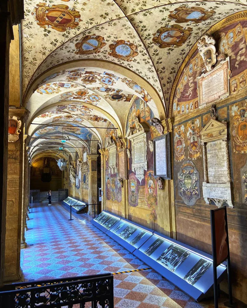 A view of the ornately decorated portico from the University of Bologna. 